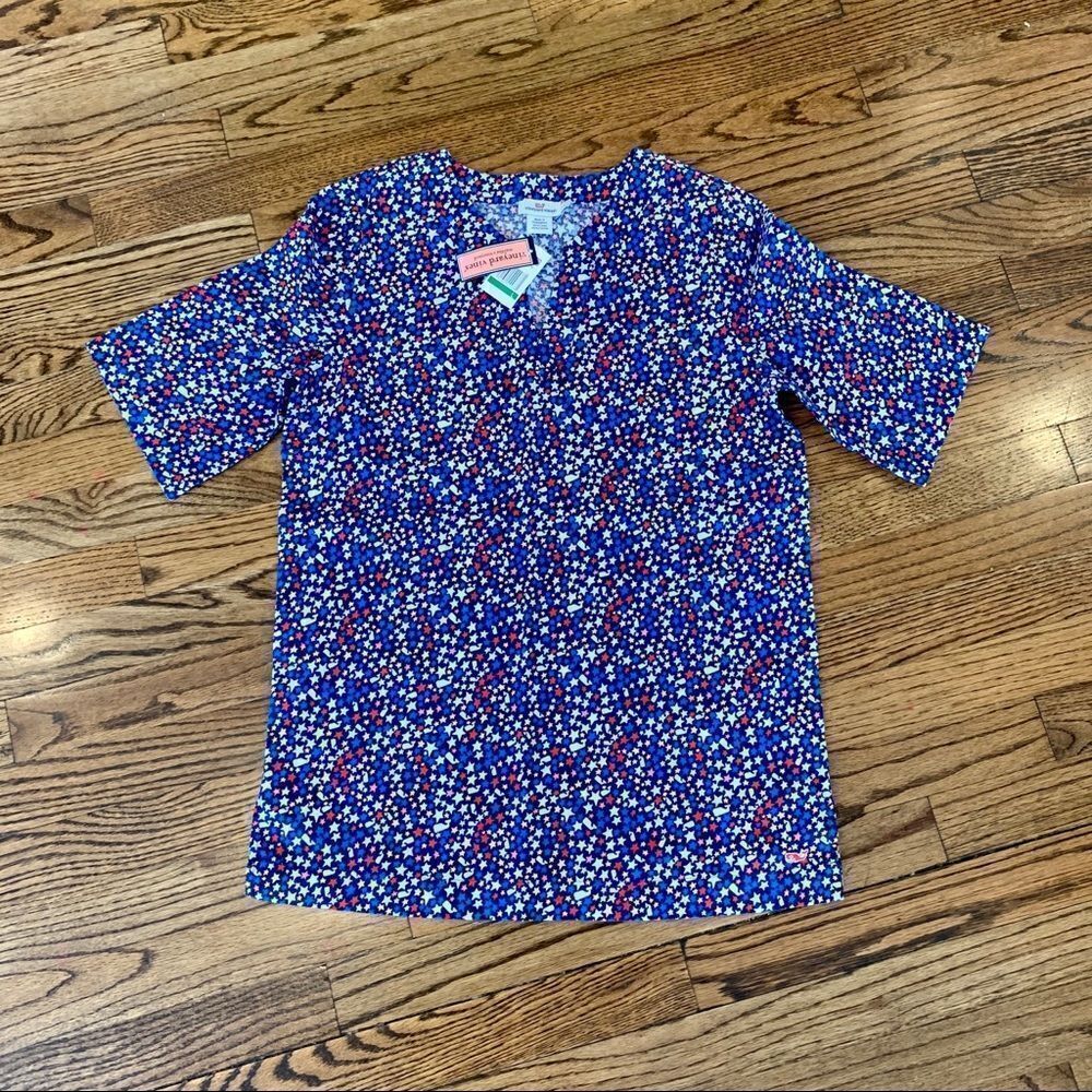 New VINEYARD VINES Whales Stars Americana Red White Blue Print Tunic Top M L